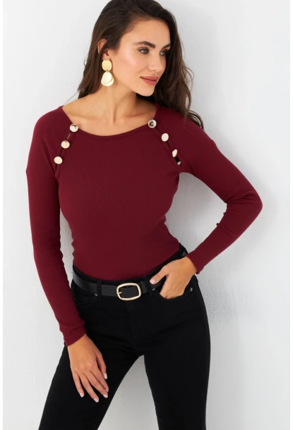 Kadın Bordo Düğme Aksesuarlı Kaşkorse Bluz EY2945