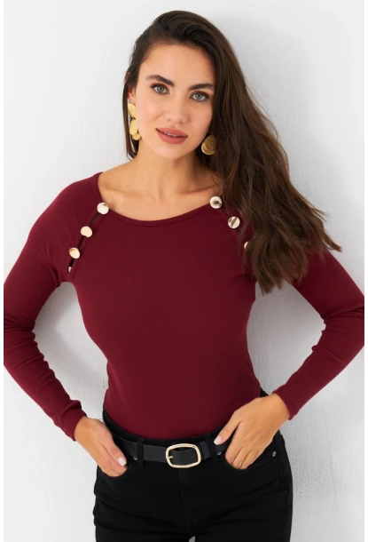 Kadın Bordo Düğme Aksesuarlı Kaşkorse Bluz EY2945