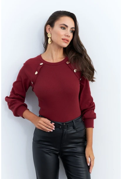 Kadın Bordo Düğme Aksesuarlı Kaşkorse Bluz EY2946