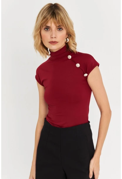 Kadın Bordo Düğme Detaylı Bluz EY3027