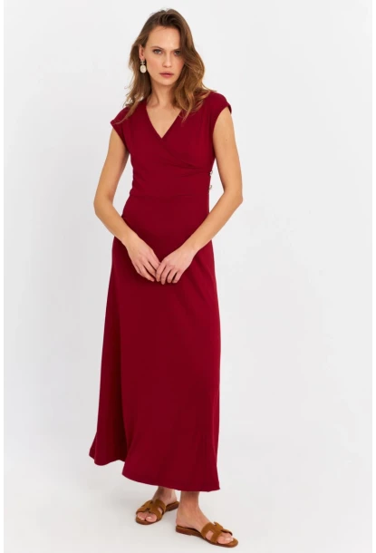 Kadın Bordo Düğme Detaylı Kruvaze Midi Elbise MEY0011