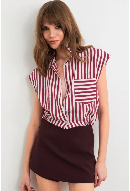 Kadın Bordo-Ekru Büzgülü Kolsuz Crop Gömlek RLO92