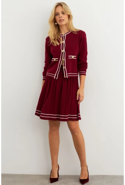 Kadın Bordo-Ekru Triko Ceket Takım SF2557
