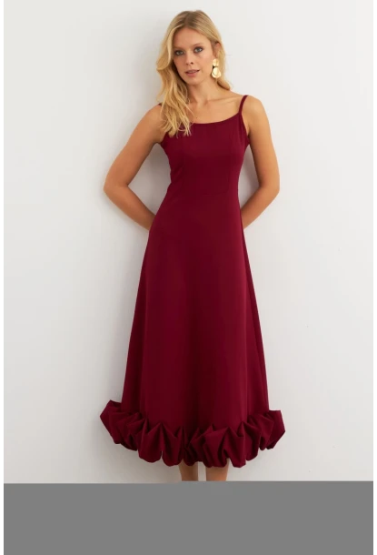 Kadın Bordo Eteği Fırfırlı Şık Maxi Elbise FRY2266