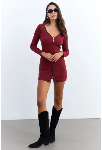 Kadın Bordo Fermuarlı Kaşkorse Mini Elbise EY2530