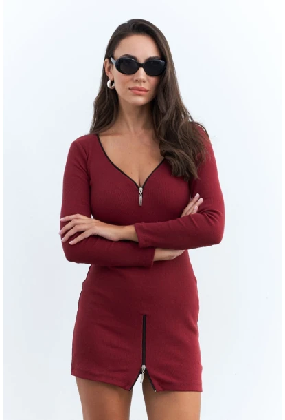 Kadın Bordo Fermuarlı Kaşkorse Mini Elbise EY2530
