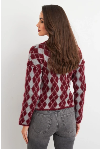 Kadın Bordo-Gri Düğme Detaylı Hırka ELT12022