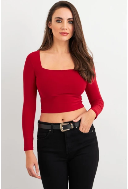 Kadın Bordo Kare Yaka Crop Bluz ELT2586