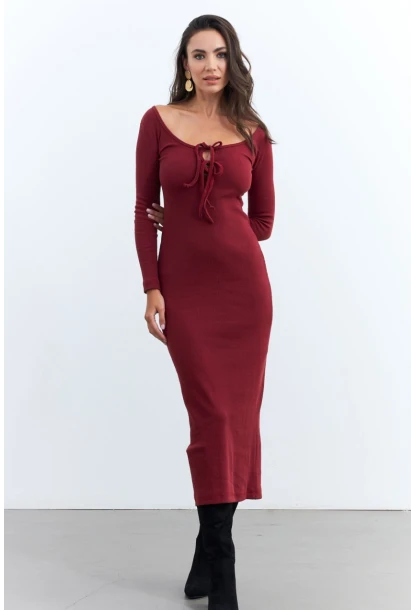 Kadın Bordo Kaşkorse Maxi Elbise EY1513