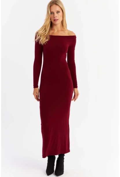 Kadın Bordo Kayık Yaka Maxi Yılbaşı Elbise HOR03