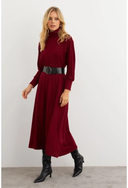 Kadın Bordo Kemerli Balıkçı Yaka Elbise MKSD992