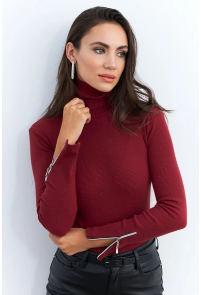 Kadın Bordo Kolları Fermuarlı Kaşkorse Balıkçı Bluz EY2567