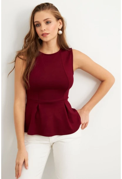 Kadın Bordo Kolsuz Peplum Bluz FLU7257