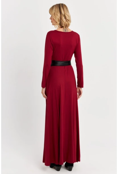 Kadın Bordo Kruvaze Maxi Elbise VTN3