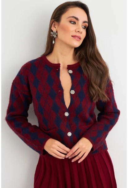 Kadın Bordo-Lacivert Düğme Detaylı Hırka ELT12022