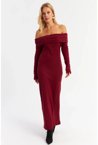 Kadın Bordo Madonna Yaka Kaşkorse Maxi Elbise HOL1