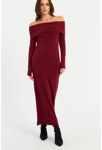 Kadın Bordo Madonna Yaka Maxi Elbise LİK10