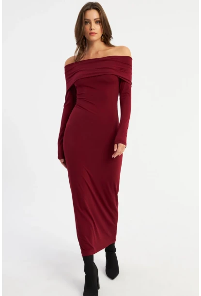 Kadın Bordo Madonna Yaka Maxi Elbise LİK10