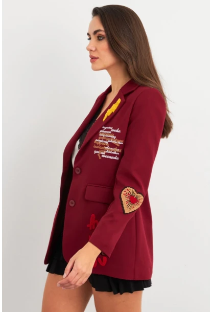 Kadın Bordo Nakışlı Premium Ceket EO100