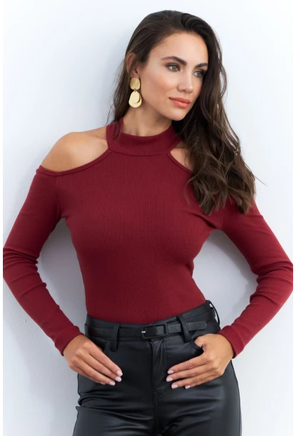 Kadın Bordo Omuzları Açık Kaşkorse Bluz EY2590