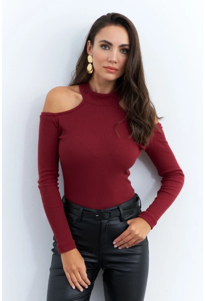 Kadın Bordo Omuzları Açık Kaşkorse Bluz EY2590