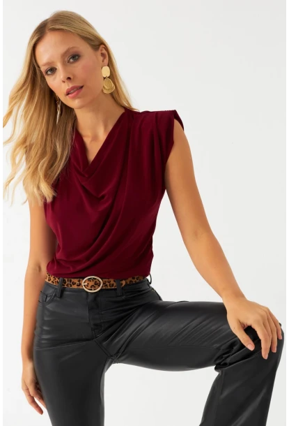 Kadın Bordo Omuzları Vatkalı Degaje Bluz ELT3234