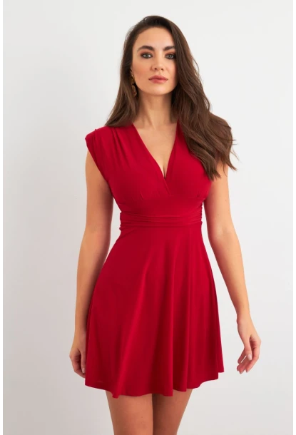 Kadın Bordo Omuzları Vatkalı Kruvaze Mini Elbise ELT3678