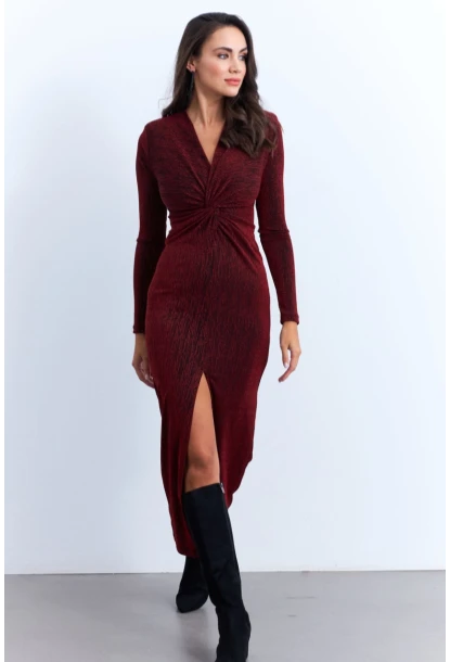 Kadın Bordo Omuzları Vatkalı Simli Şık Midi Elbise MON139