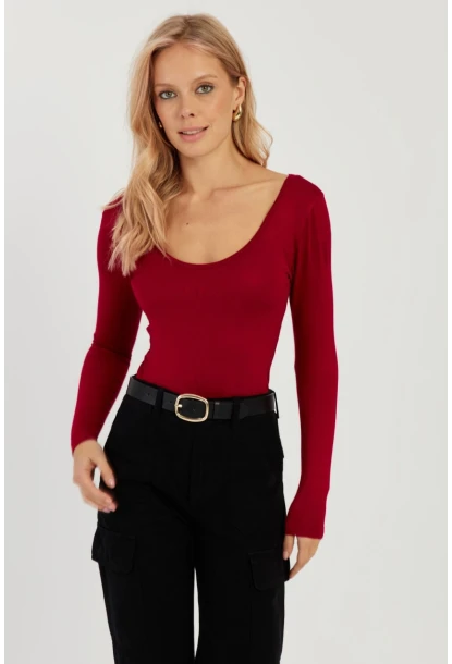 Kadın Bordo Ön Arka U Yaka Bluz LPP1265