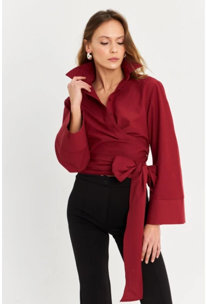 Kadın Bordo Önü Bağlamalı İspanyol Kol Gömlek MON142