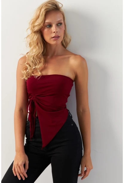 Kadın Bordo Önü Büzgülü Crop Bluz MON138