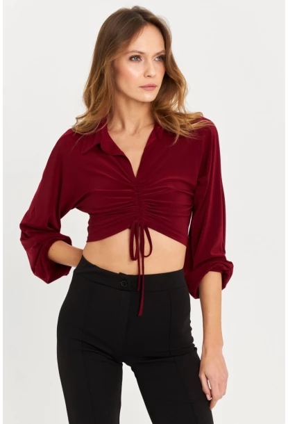Kadın Bordo Önü Büzgülü Crop Bluz MRS103