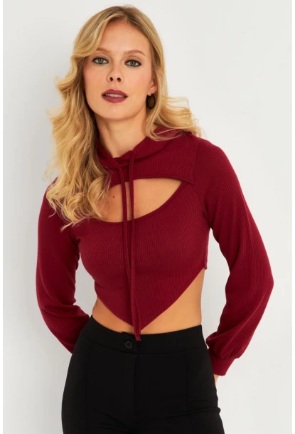 Kadın Bordo Pencereli Kapüşonlu Crop Bluz TF08