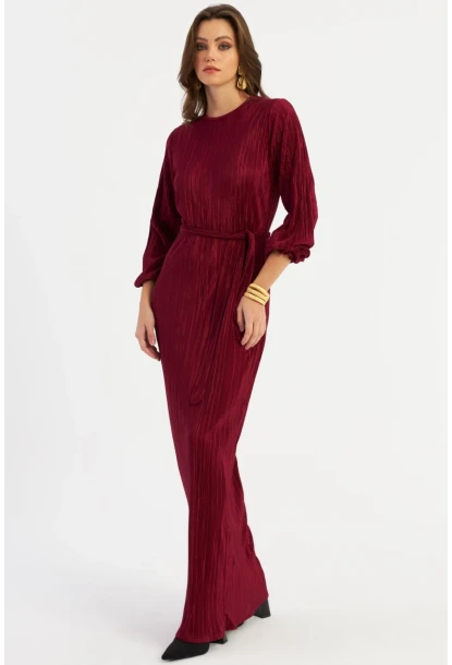 Kadın Bordo Pilise Maxi Elbise GÇ192