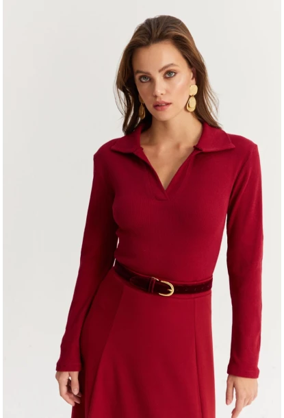 Kadın Bordo Polo Yaka Kaşkorse Bluz LON3006