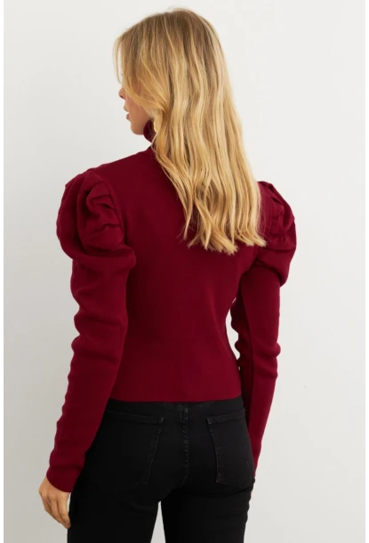 Kadın Bordo Prenses Kol Balıkçı Yaka Triko Bluz SF2555