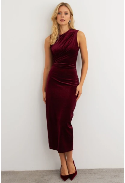 Kadın Bordo Simli Drapeli Maxi Elbise KED4481