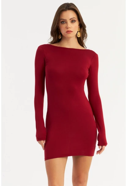 Kadın Bordo Sırt Dekolteli Mini Elbise HOR36