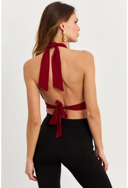 Kadın Bordo Sırt Ve Boyun Bağlamalı Bluz EY1472