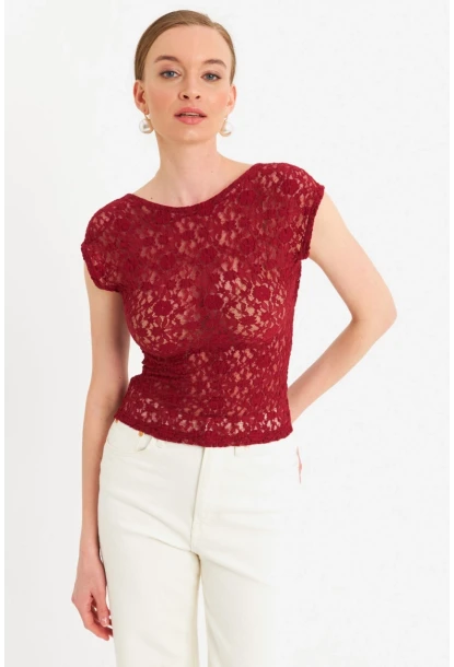 Kadın Bordo Sırtı Açık Dantel Bluz ZH04