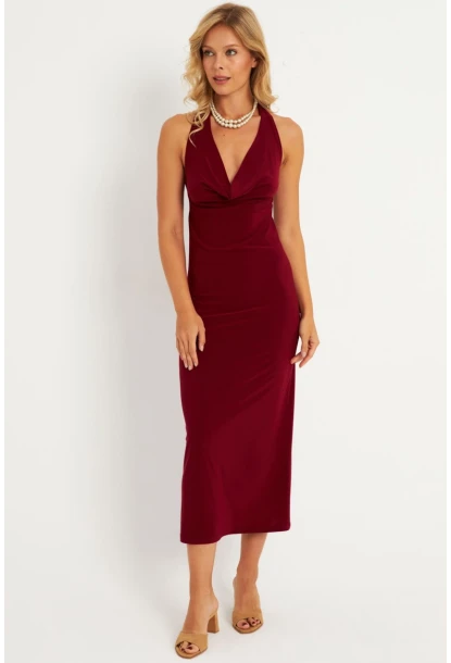 Kadın Bordo Sırtı Açık Degaje Midi Yılbaşı Elbise GÇ177