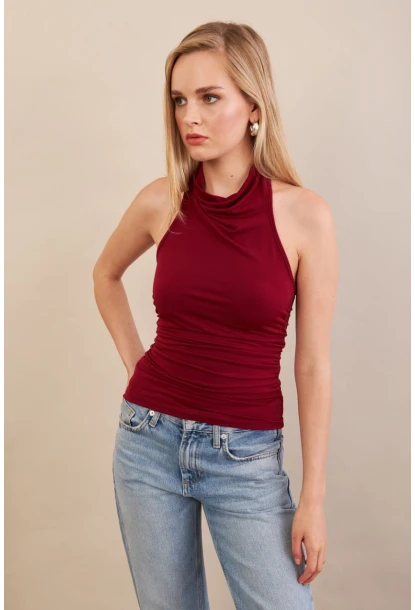 Kadın Bordo Sırtı Açık Drapeli Bluz FRY2314