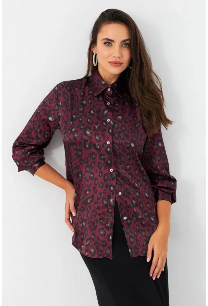 Kadın Bordo-Siyah Leopar Desenli Saten Gömlek MRAD5901-1