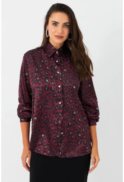 Kadın Bordo-Siyah Leopar Desenli Saten Gömlek MRAD5901-1