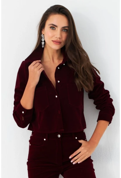 Kadın Bordo Taş Düğmeli Kadife Gömlek Ceket CAR1075