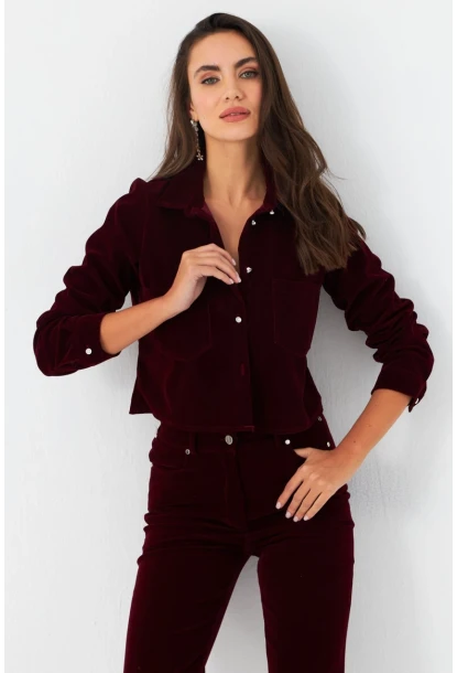 Kadın Bordo Taş Düğmeli Kadife Gömlek Ceket CAR1075