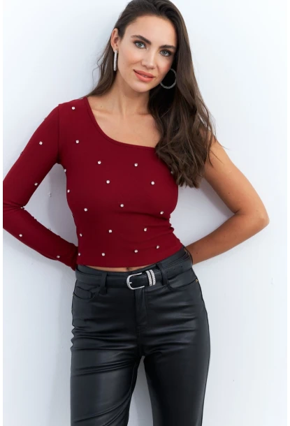 Kadın Bordo Taşlı Tek Kol Crop Bluz HOL2