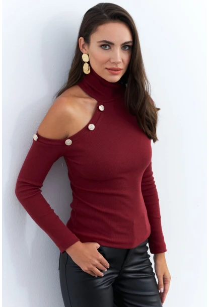 Kadın Bordo Tek Omuz Açık Kaşkorse Balıkçı Bluz EY2947