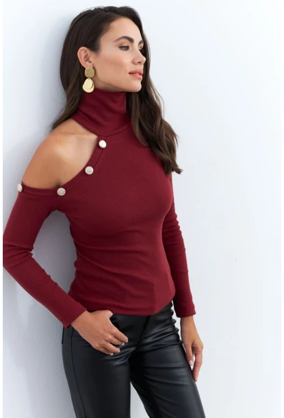 Kadın Bordo Tek Omuz Açık Kaşkorse Balıkçı Bluz EY2947