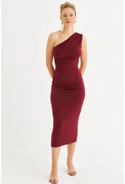 Kadın Bordo Tek Omuz Büzgülü Midi Elbise DMR294-90